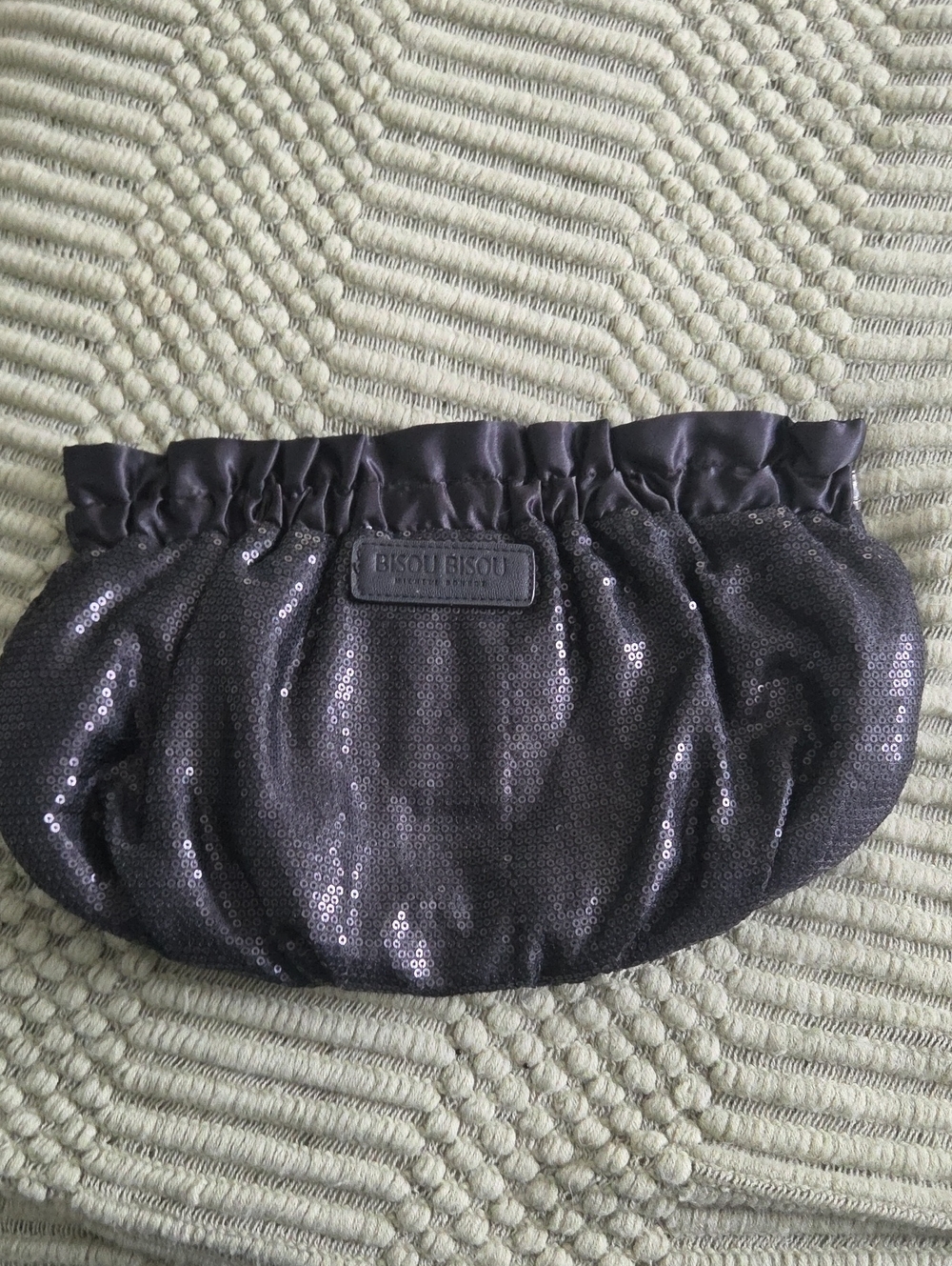 Bisou Bisou Black Sequin Gathered Satin Clutch